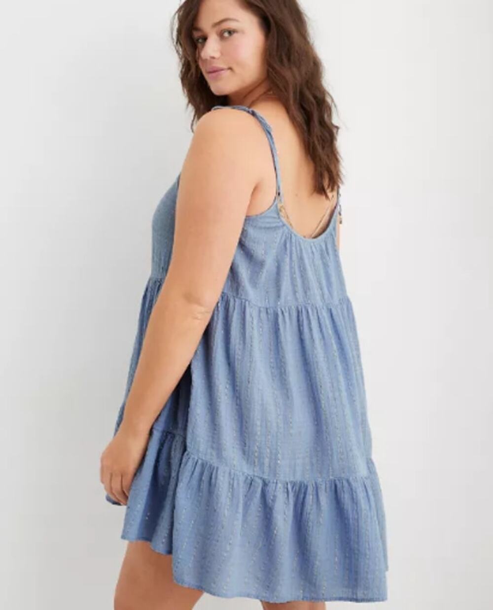 Aerie Magic Hour Blue Gauze Tiered Mini Dress Boho Tie Strap Beach Size M